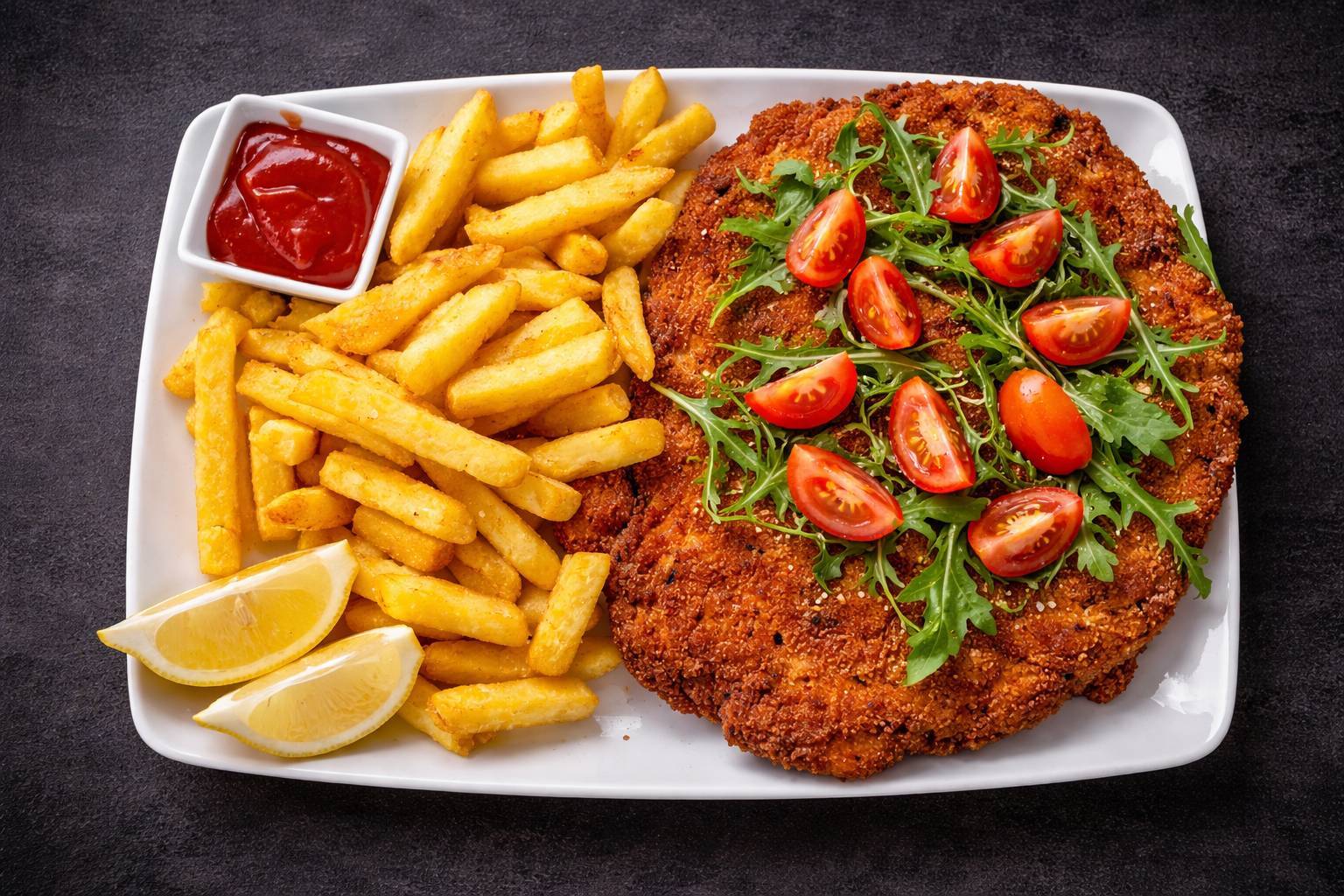 ȘNIȚEL DE PORC XXL CU CARTOFI PRĂJIȚI
